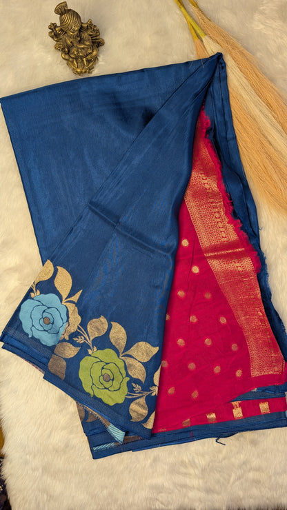 Blue Viscose Crepe Silk with Flower Zari Border