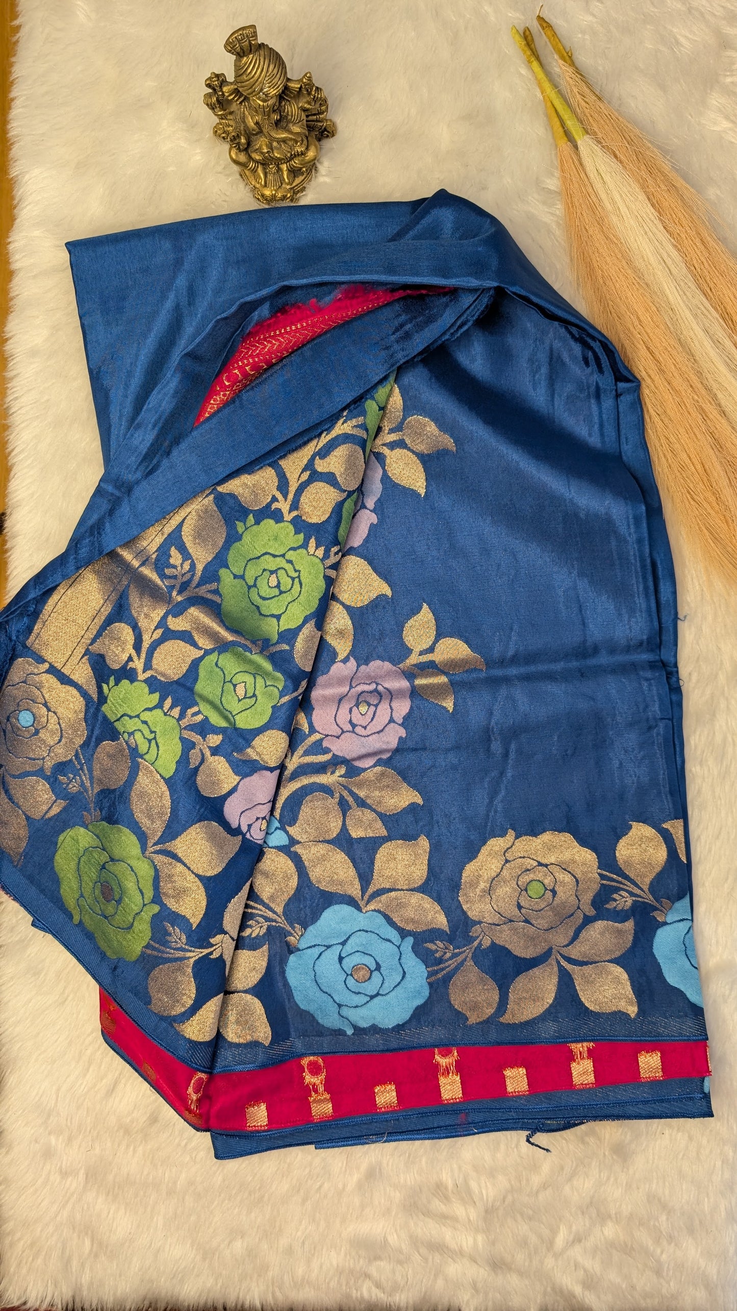 Blue Viscose Crepe Silk with Flower Zari Border