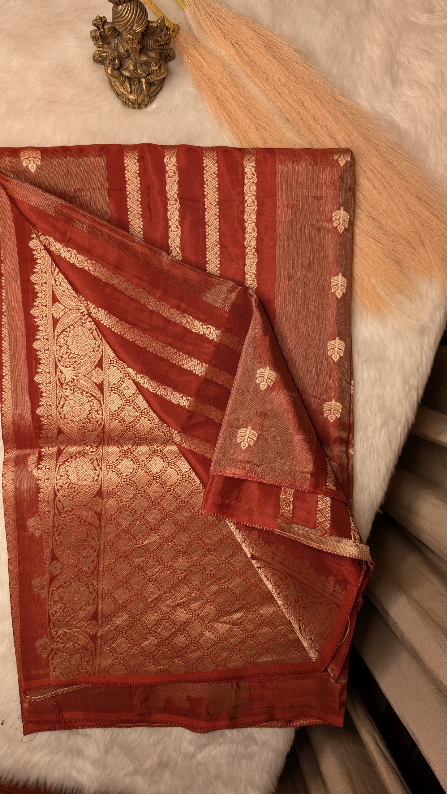 Brick Color Tissue with Elephant and Zari Lines