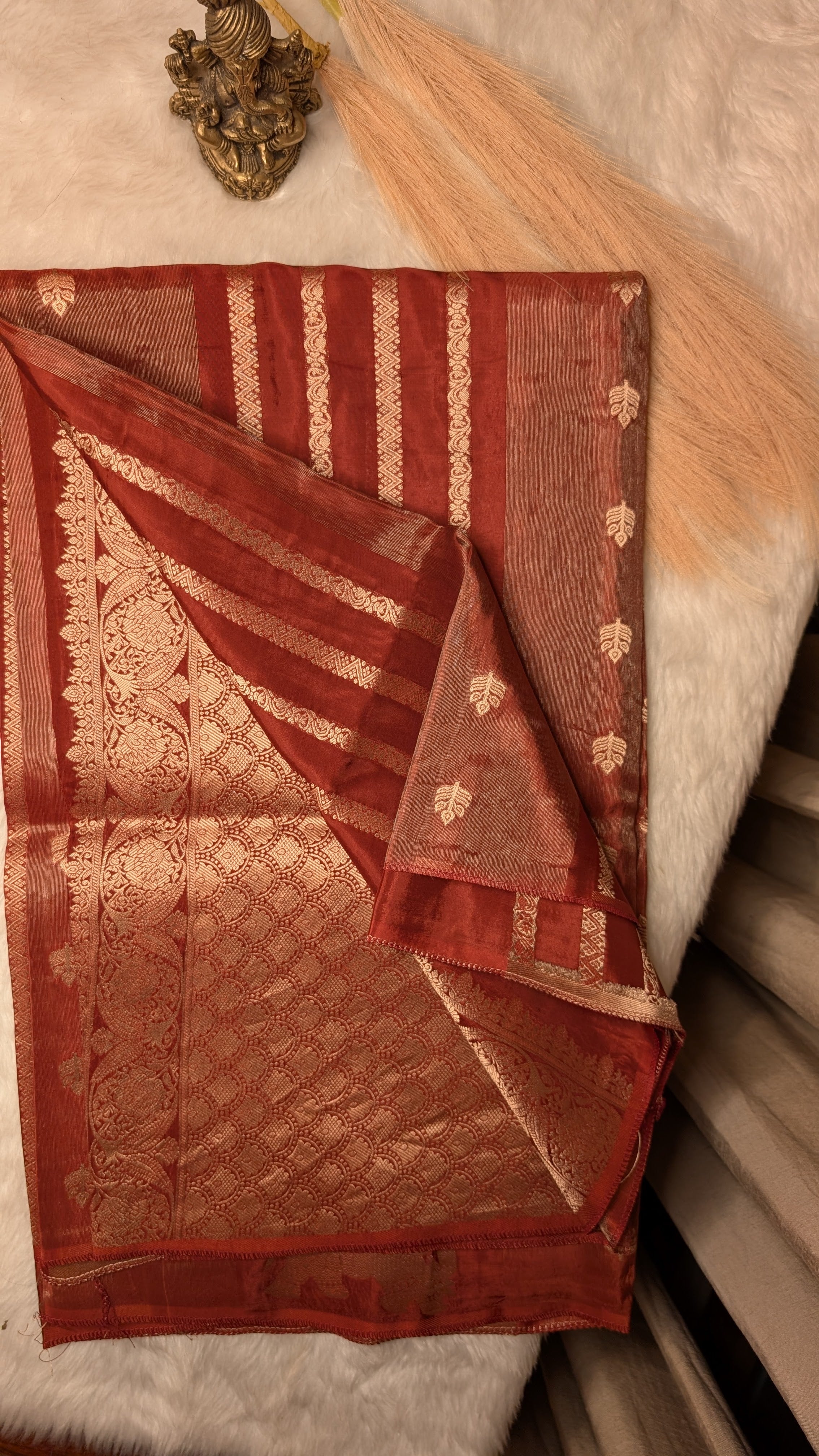 Brick Color Tissue with Elephant and Zari Lines