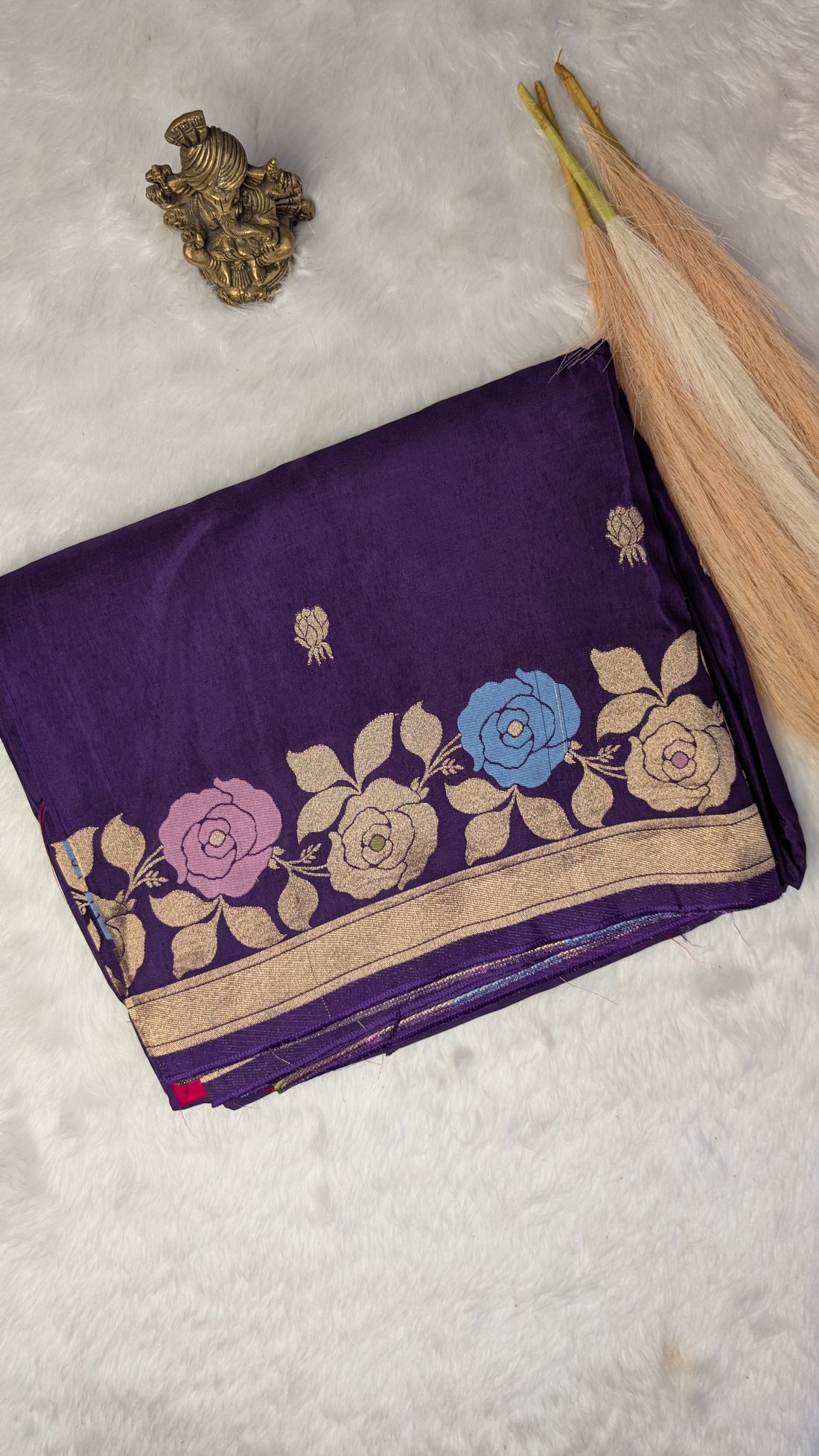 Purple Viscose Crepe Silk with Flower Zari Border
