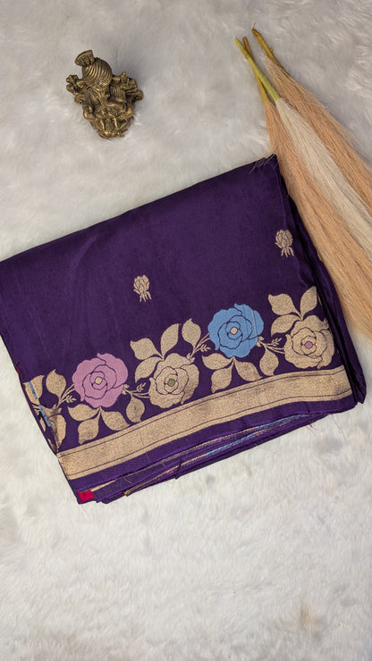 Purple Viscose Crepe Silk with Flower Zari Border