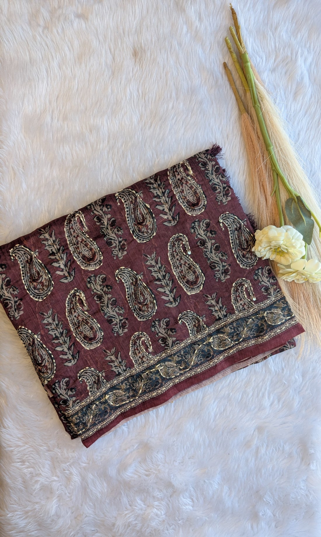 Cotton Kantha Thread Work Saree - Maroon