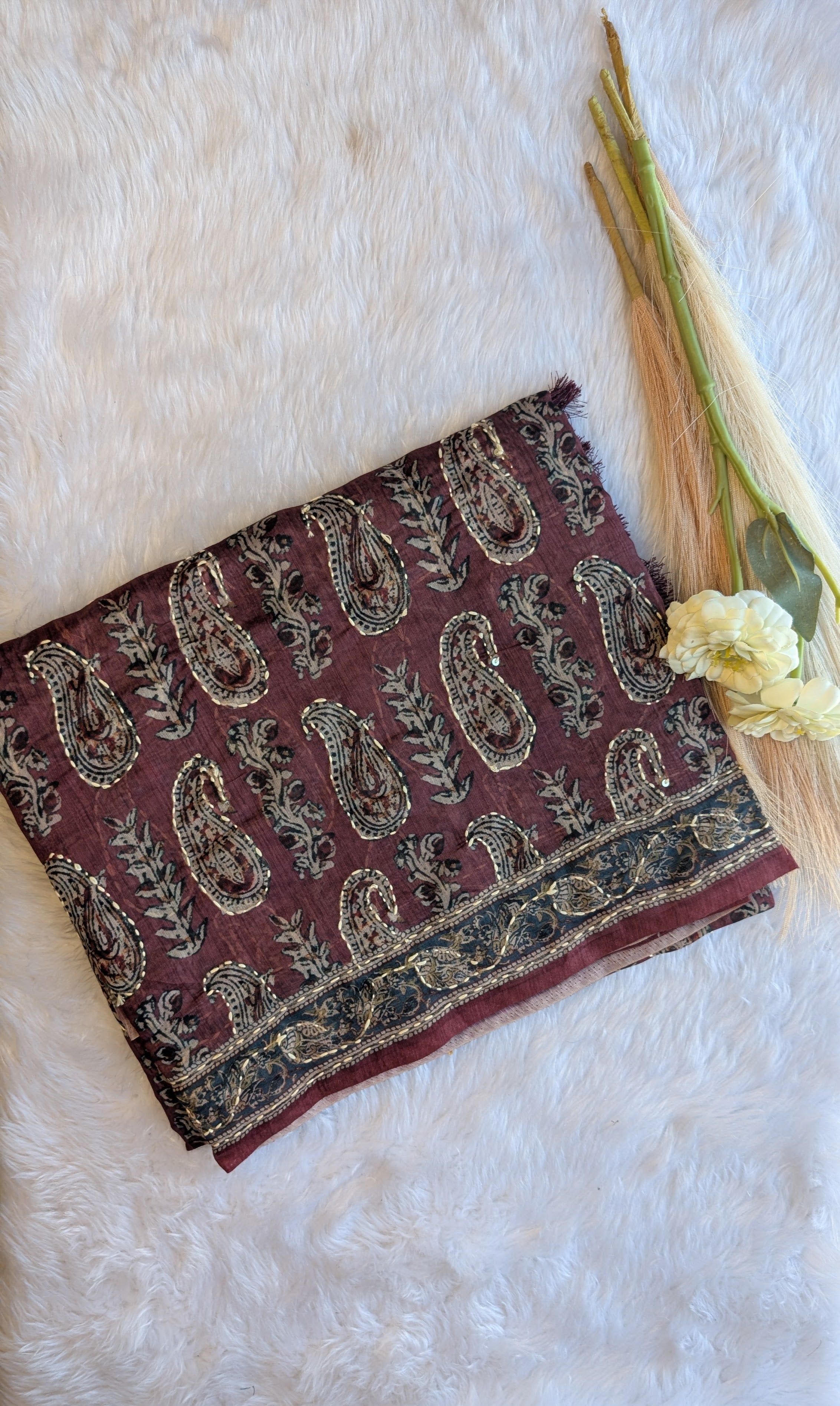 Cotton Kantha Thread Work Saree - Maroon