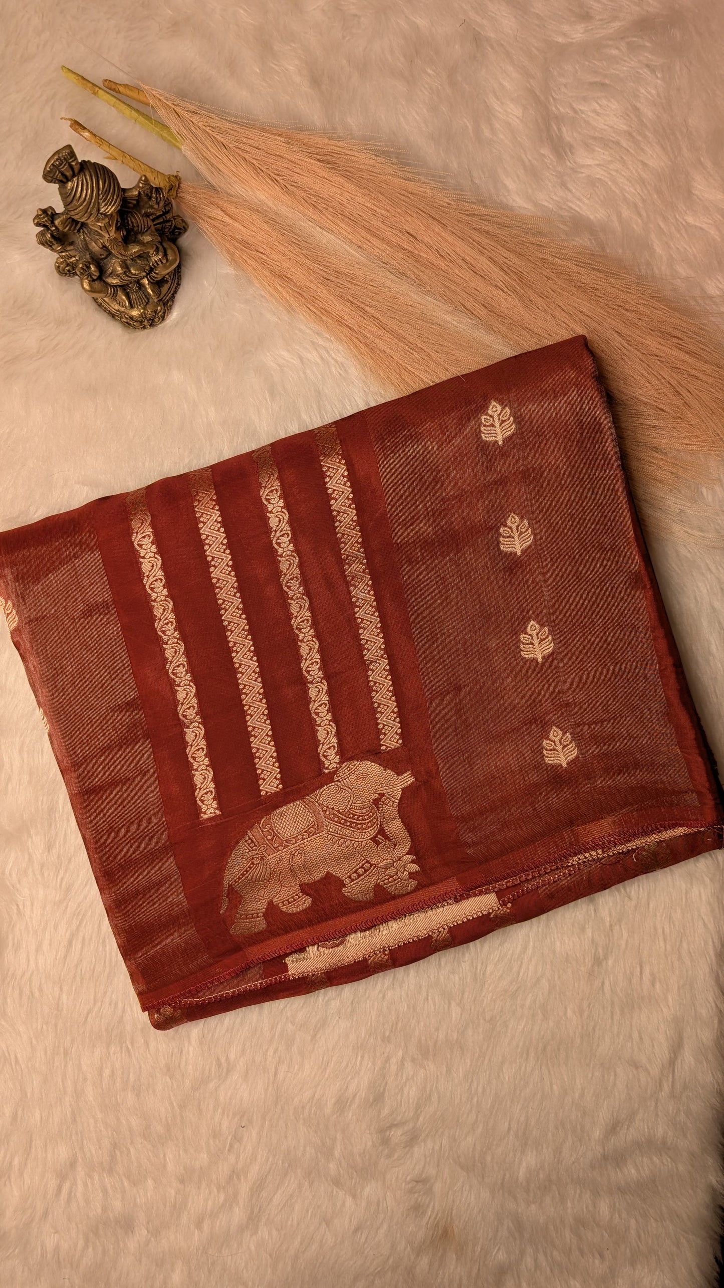 Brick Color Tissue with Elephant and Zari Lines