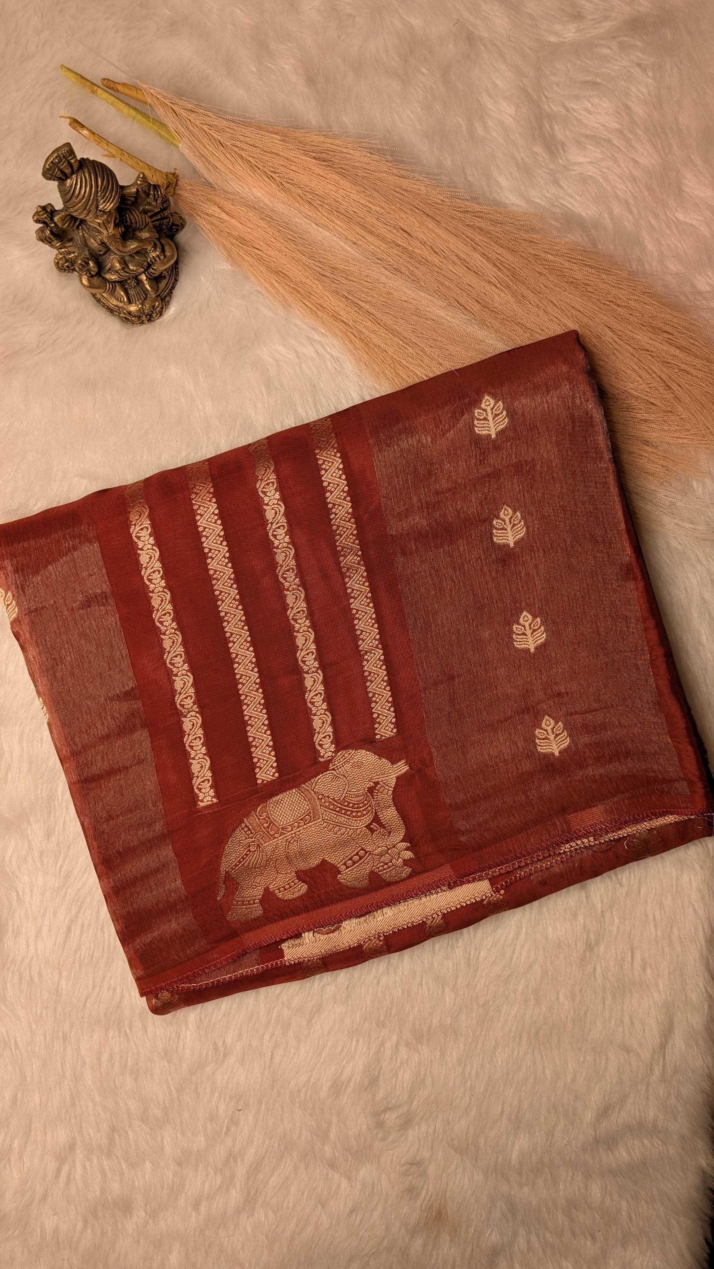 Brick Color Tissue with Elephant and Zari Lines