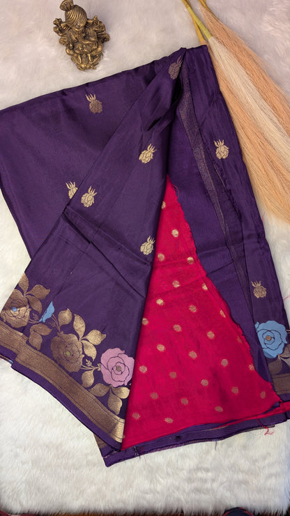 Purple Viscose Crepe Silk with Flower Zari Border