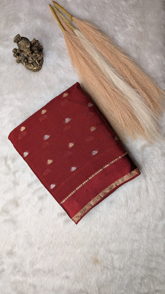 Georgette Crepe Silk with Golden Buttis- Rust Orange