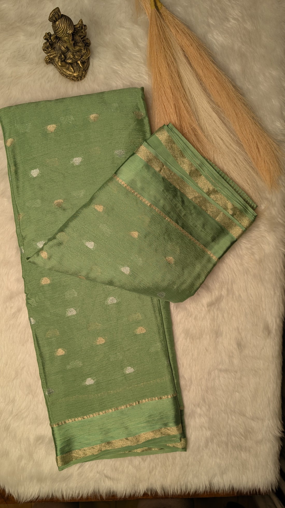 Georgette Crepe Silk with Golden Buttis- Pastel Green