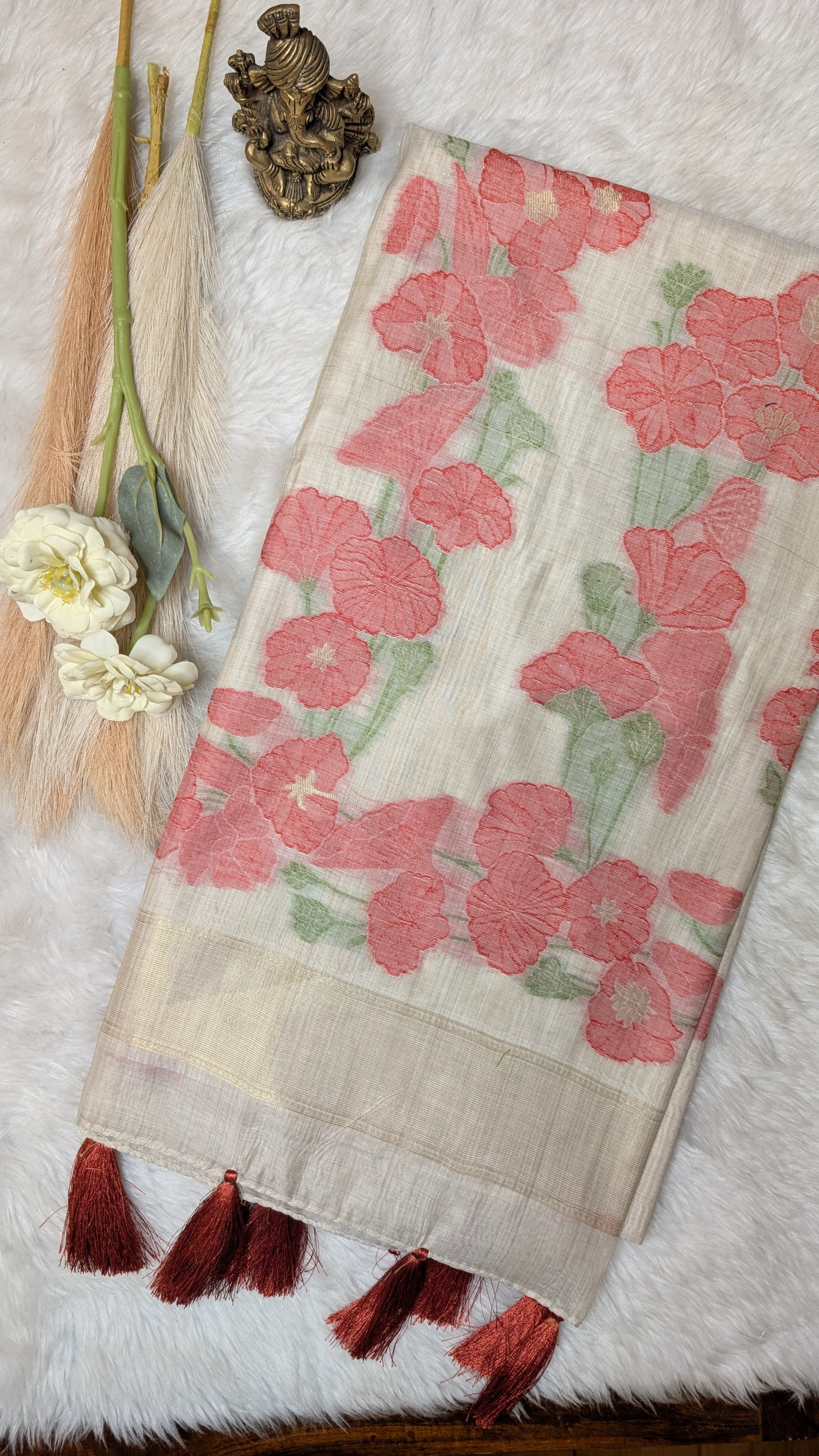 Cotton Saree with Flower border- Cream and Orange