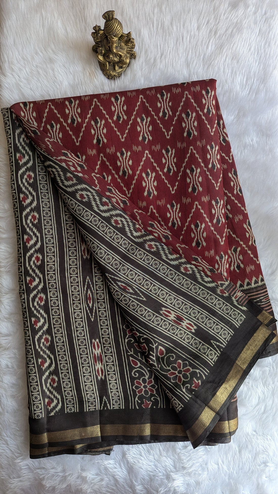 Maroon and Black Border Cotton Ikkat Saree