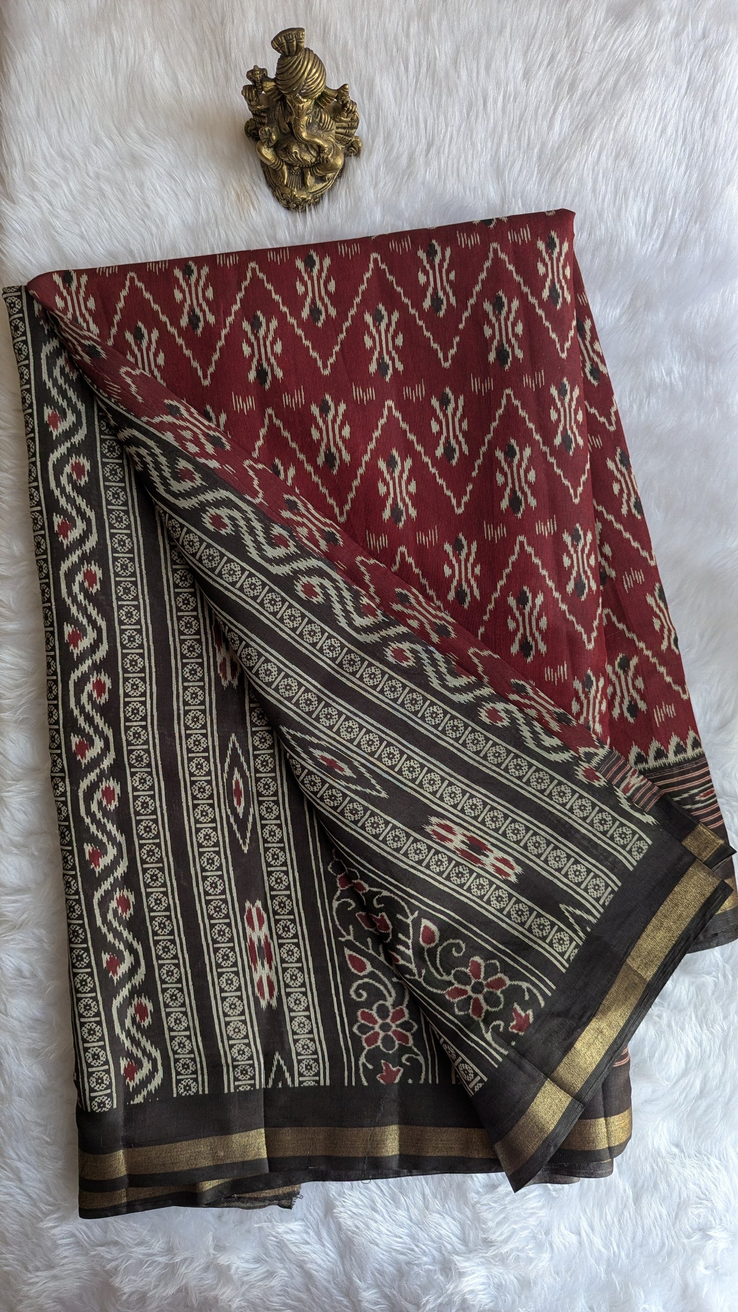Maroon and Black Border Cotton Ikkat Saree