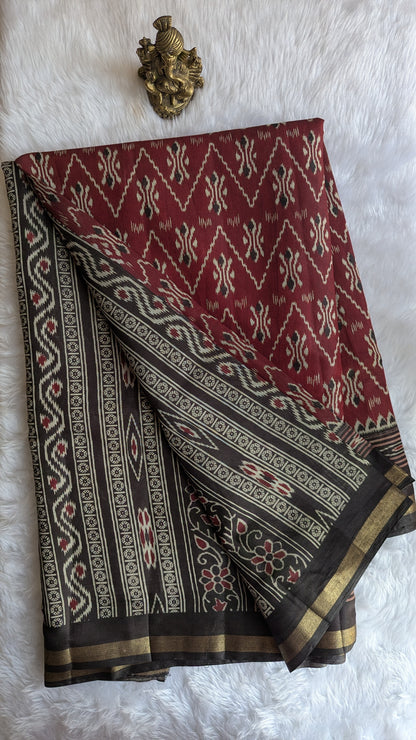 Maroon and Black Border Cotton Ikkat Saree