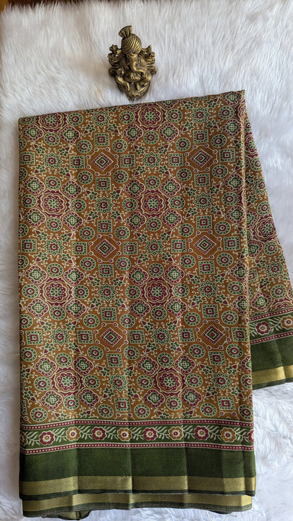 Mustard and Green Border Cotton Ikkat Saree