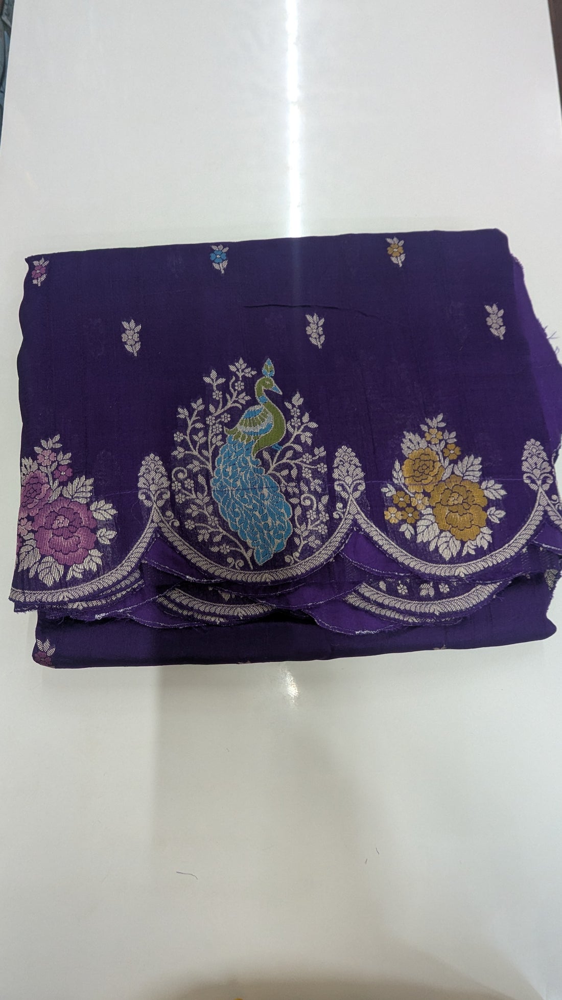 Purple Banaras Silk with Scalloped Border with Peacock Motifs