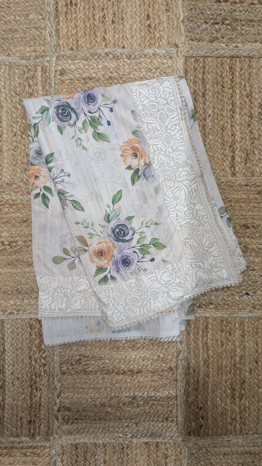 Creame color Tussar Silk with embroidery border And Floral Prints