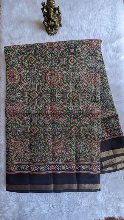 Green with Black border Cotton Ikkat Saree