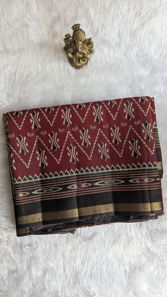 Maroon and Black Border Cotton Ikkat Saree