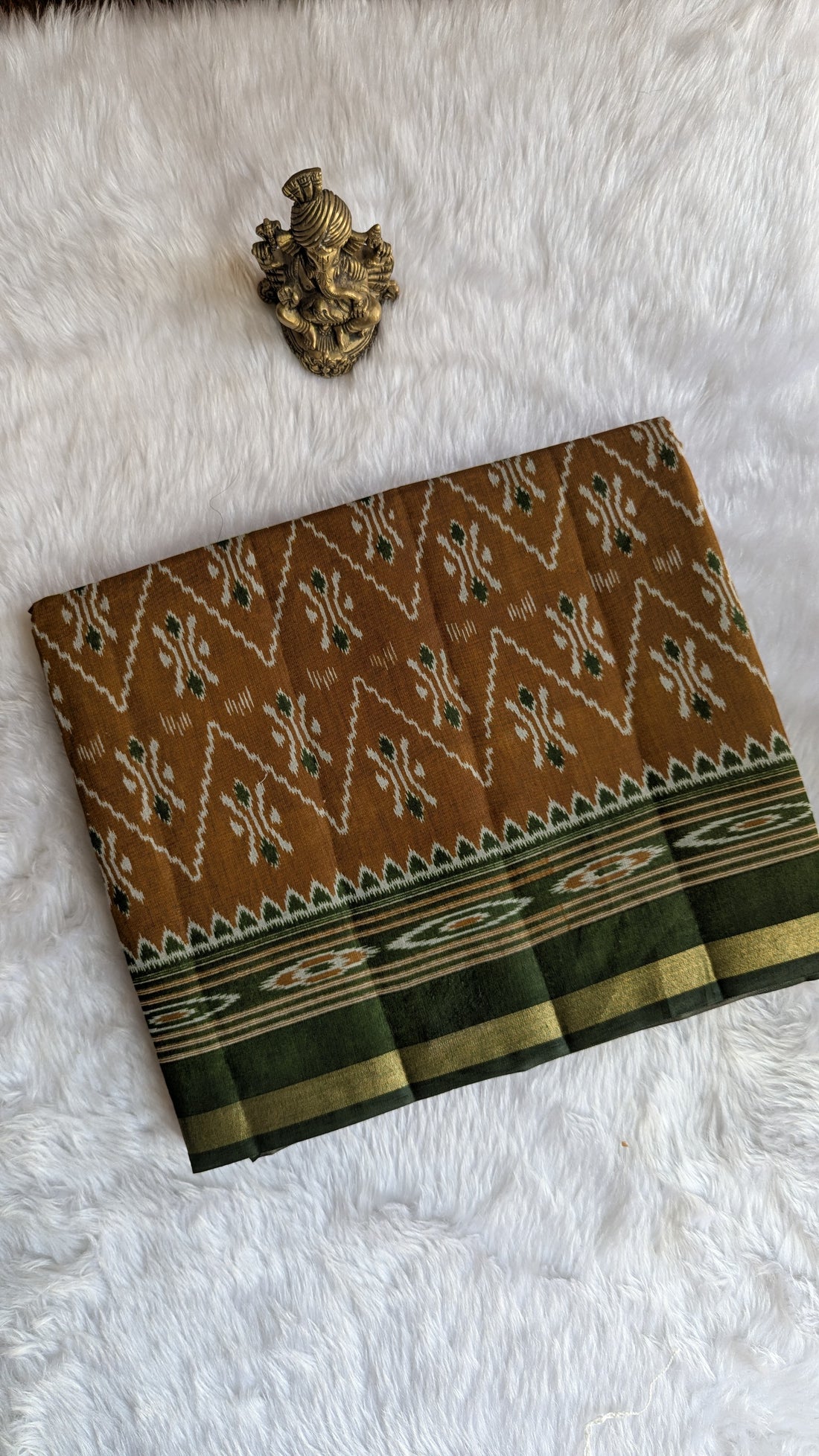 Mustard and Green Border Cotton Ikkat Saree