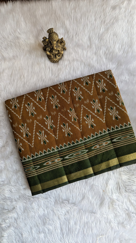 Mustard and Green Border Cotton Ikkat Saree