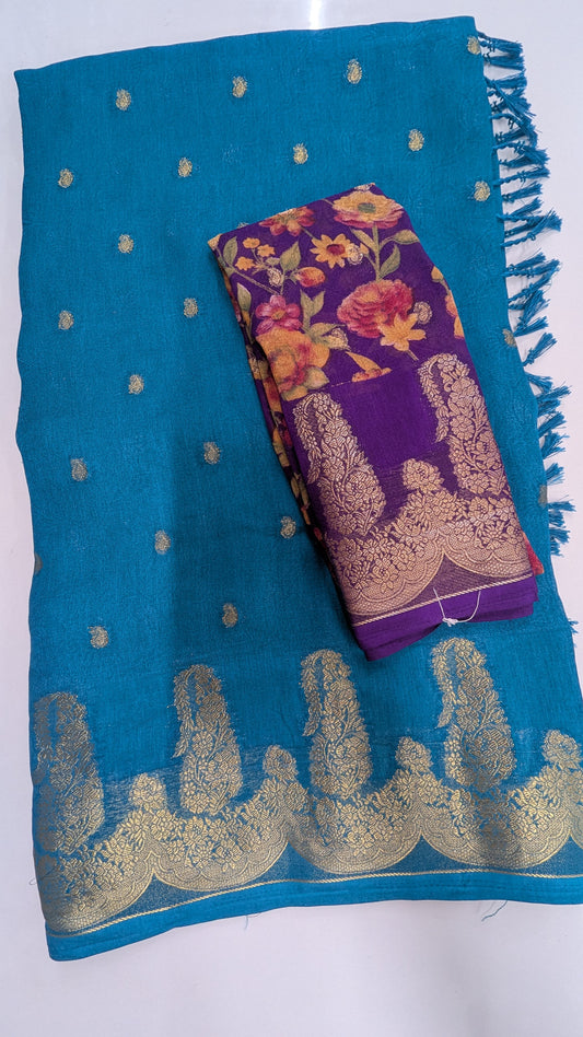 Light Blue Semi Banaras Georgette Saree with Contrast Blouse