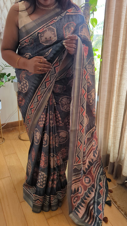 Tussar Silk Saree with Block Prints