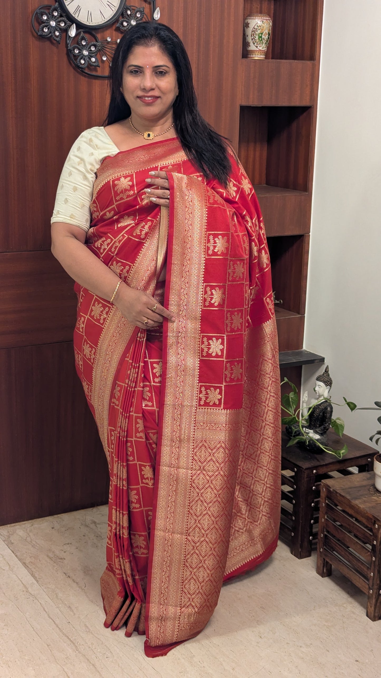 Rust Orange Tree Checks Crepe Silk