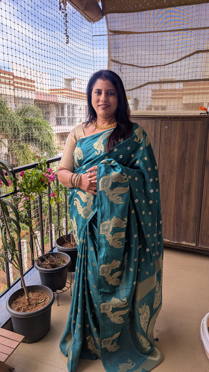 Peacock Green Viscose Silk with Peacock Motifs