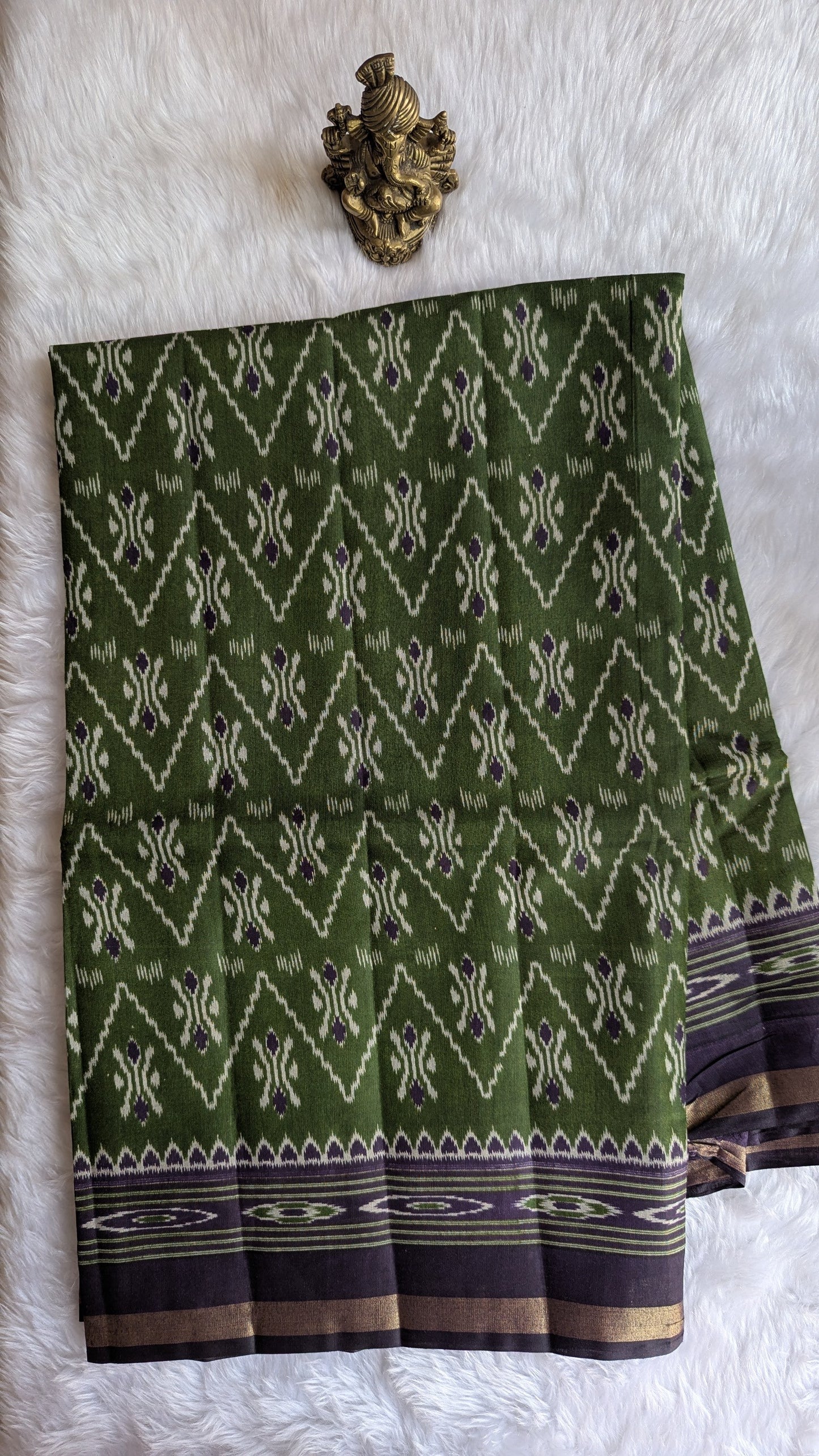 Green and Purple Border Cotton Ikkat Saree