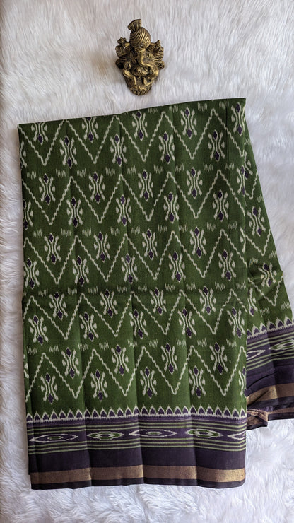 Green and Purple Border Cotton Ikkat Saree