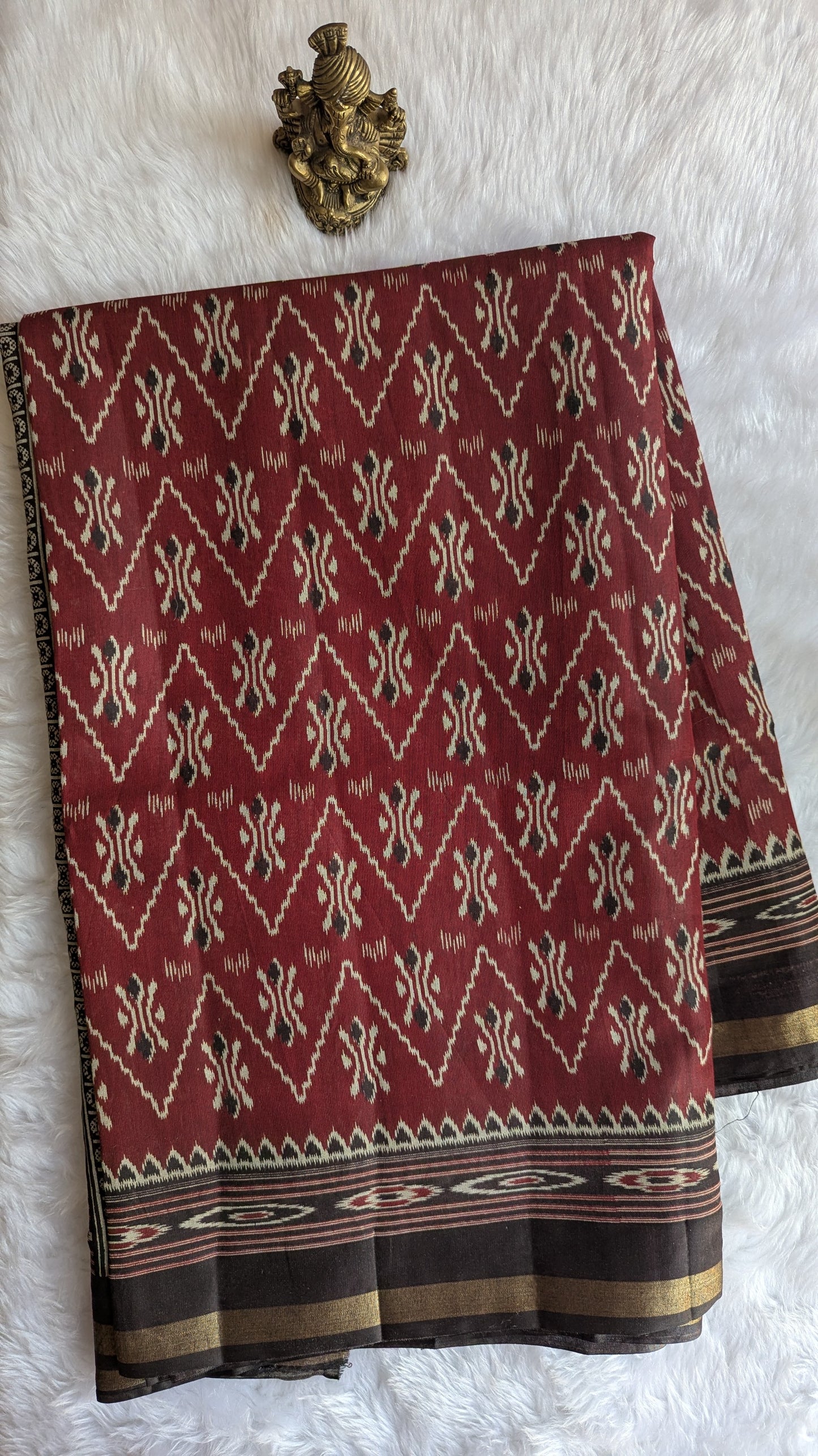 Maroon and Black Border Cotton Ikkat Saree