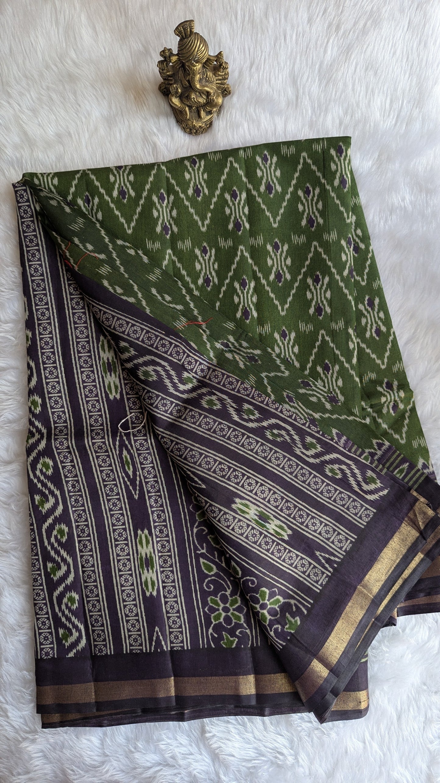 Green and Purple Border Cotton Ikkat Saree