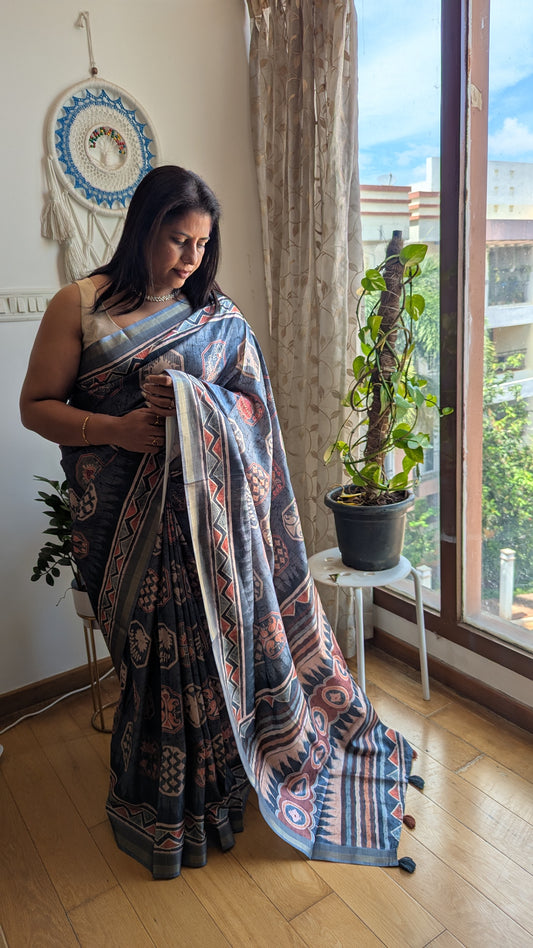 Tussar Silk Saree with Block Prints