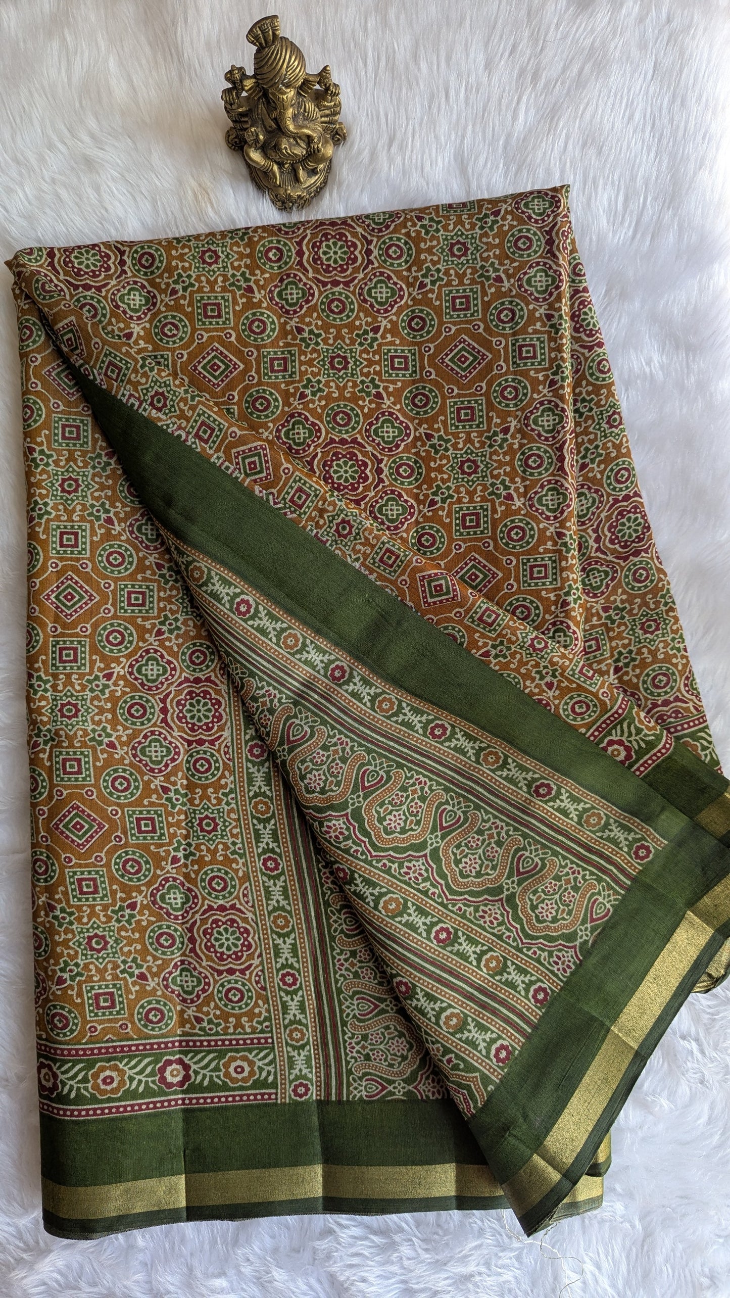 Mustard and Green Border Cotton Ikkat Saree