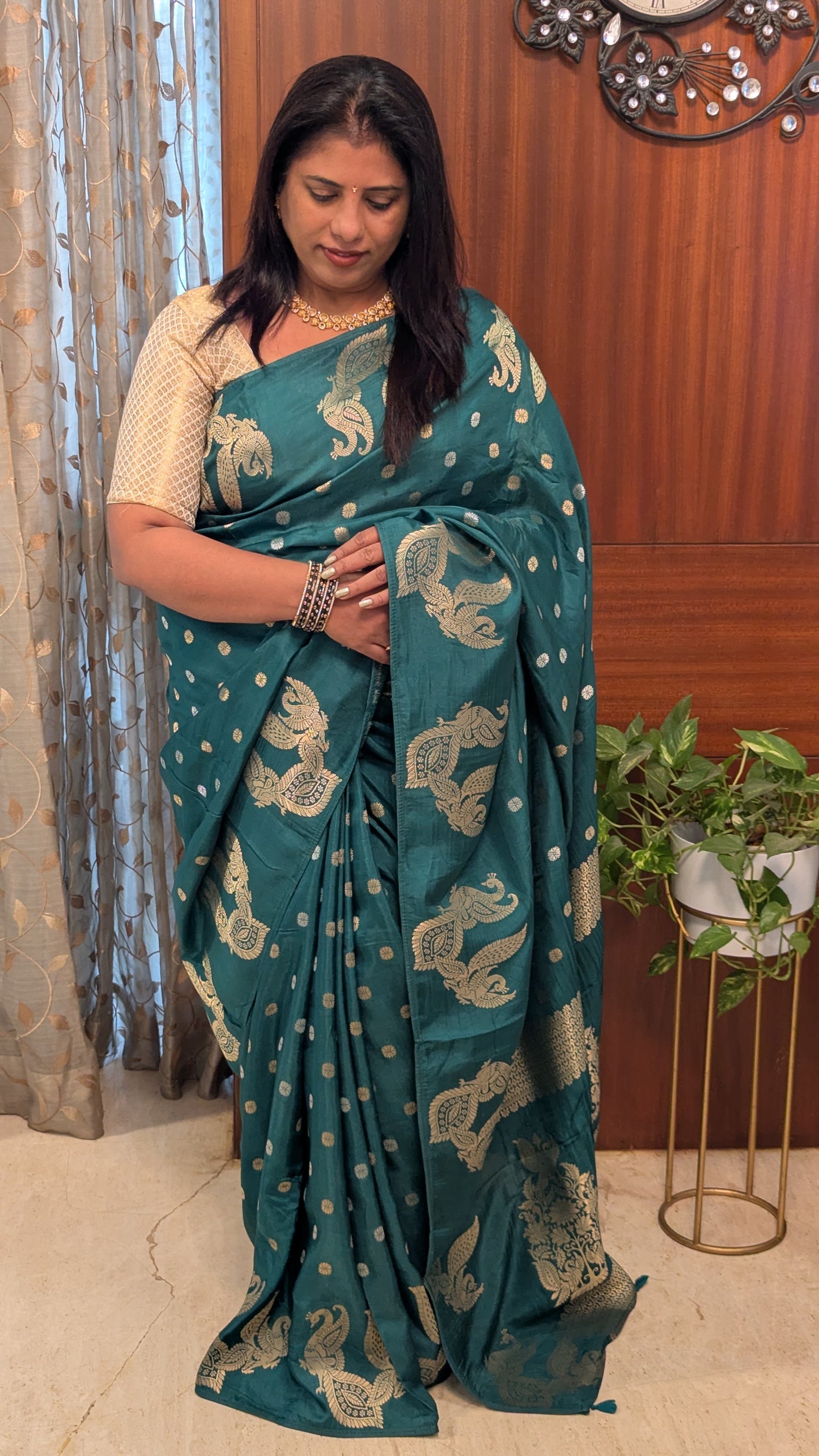 Peacock Green Viscose Silk with Peacock Motifs