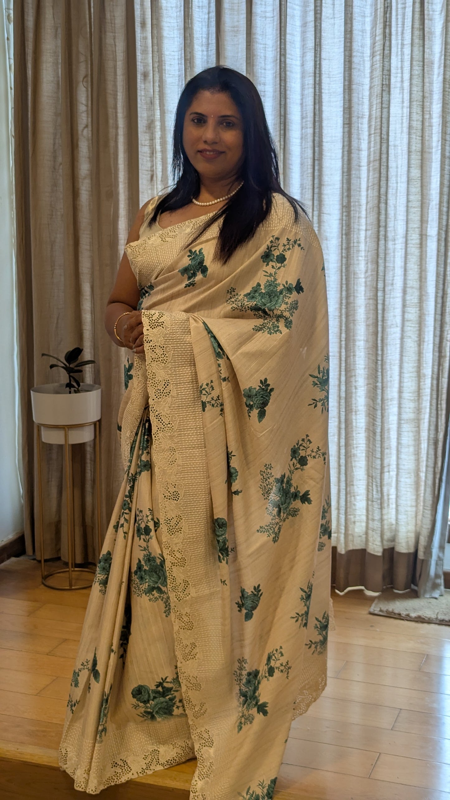 Creame color Tussar Silk with Cutwork border