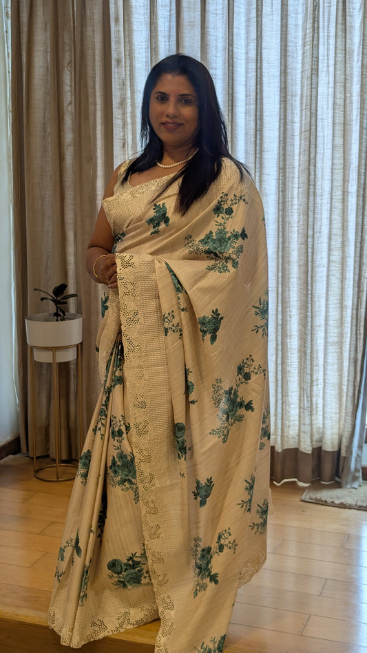 Creame color Tussar Silk with Cutwork border