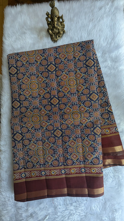 Blue and Maroon Border Cotton Ikkat Saree