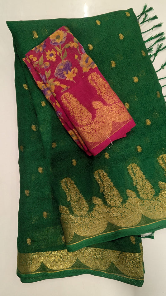 Green Semi Banaras Georgette Saree with Contrast Blouse