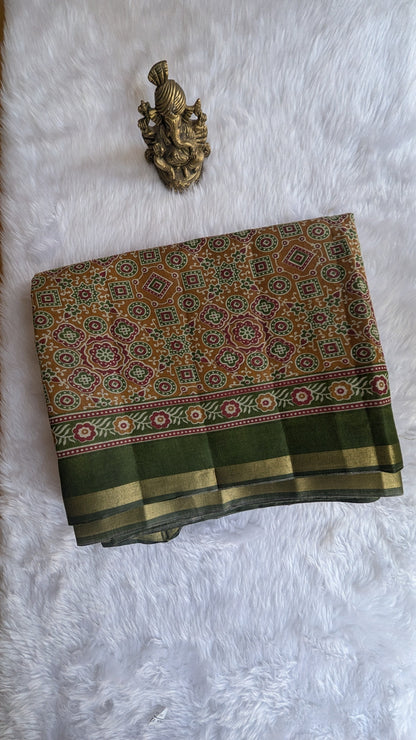 Mustard and Green Border Cotton Ikkat Saree