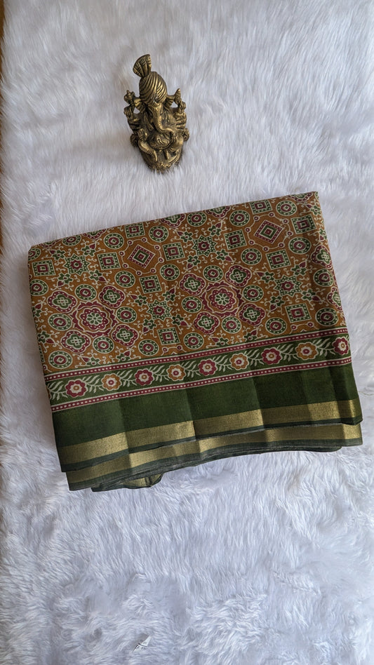 Mustard and Green Border Cotton Ikkat Saree