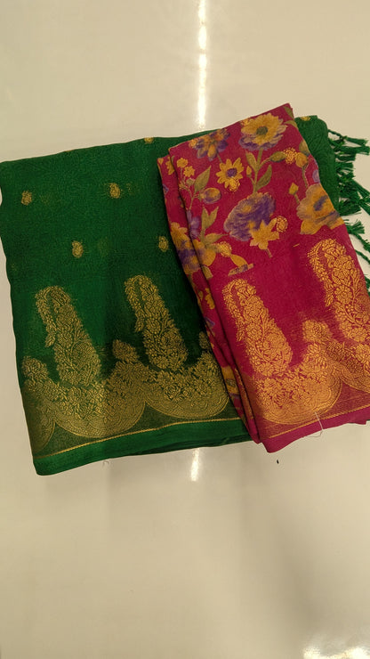 Green Semi Banaras Georgette Saree with Contrast Blouse