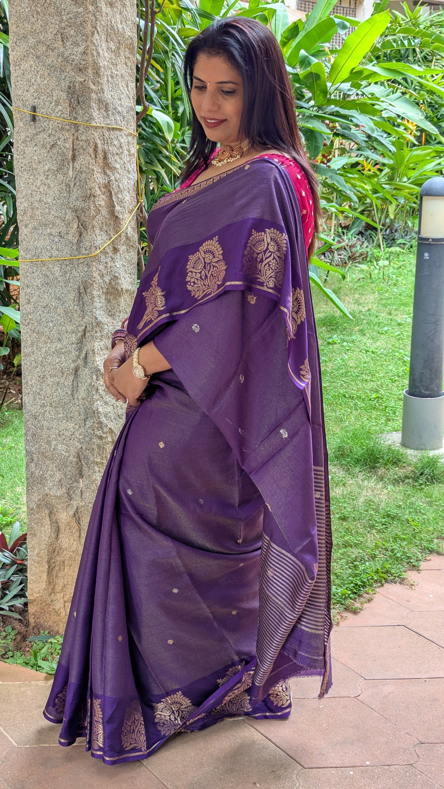 Purple Crepe Silk Saree with small Zari lines