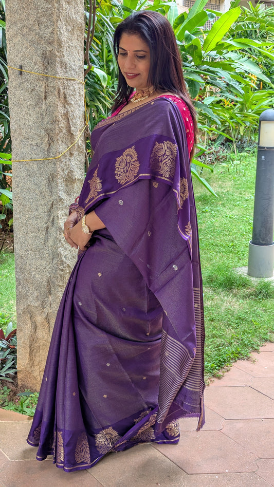 Purple Crepe Silk Saree with small Zari lines