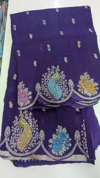 Purple Banaras Silk with Scalloped Border with Peacock Motifs