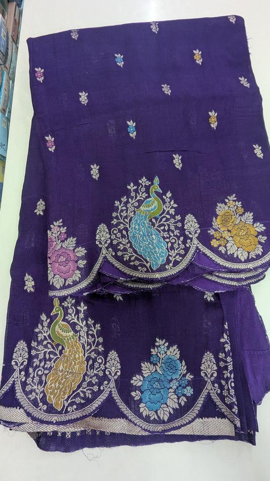 Purple Banaras Silk with Scalloped Border with Peacock Motifs