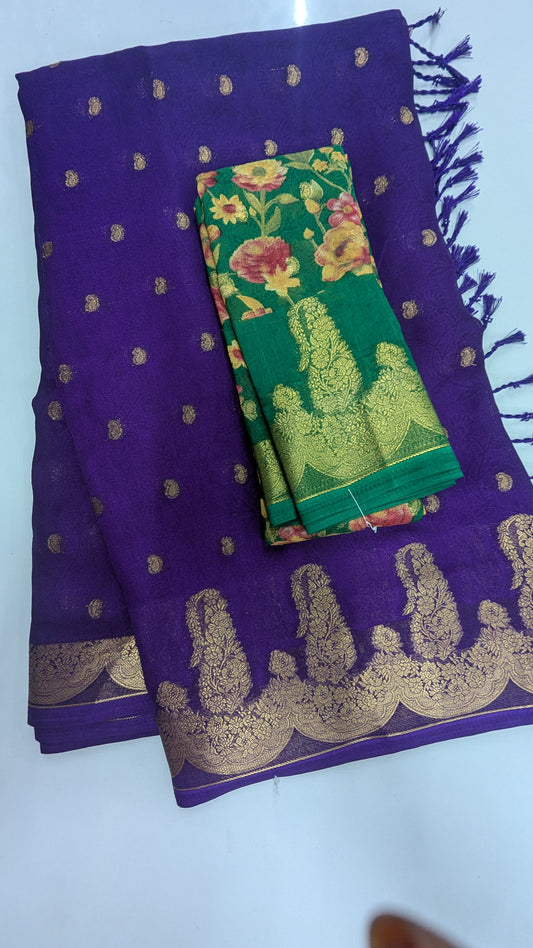Purple Semi Banaras Georgette Saree with Contrast Blouse